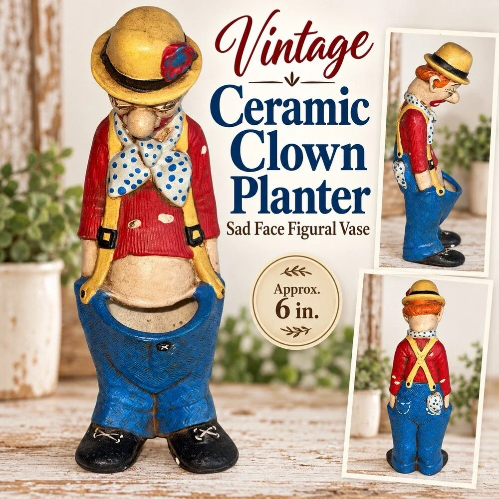 Vintage Ceramic Sad Clown Planter Vase 6” Figural Cactus Planter Mid Century